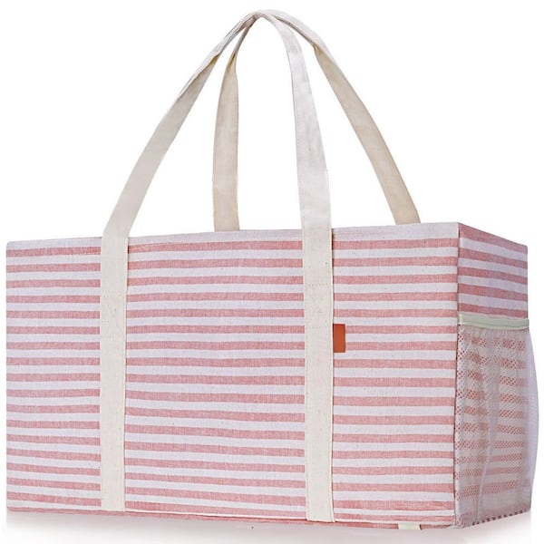 Standing Large Foldable Utility Pink Rectangular Reusable Grocery Bag with Metal Wire Frame and the Sides Rinforced