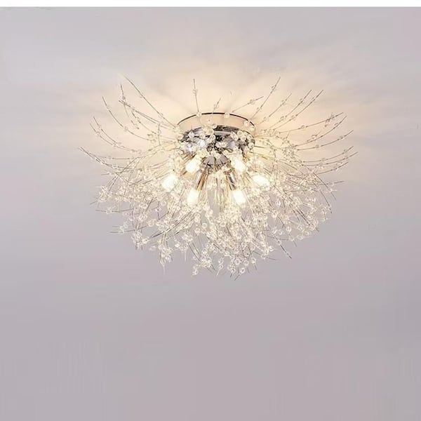 23.62 in. 6-Light Modern Silver Firework Crystal Semi-Flush Mount Ceiling Light with No Bulbs Included