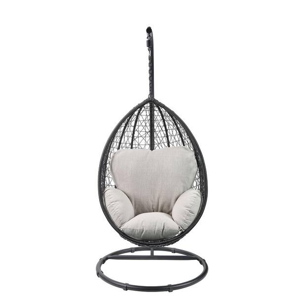 Misopily 1-Person Black All-Weather Resin Wicker Outdoor Patio Swing Chair with Stand & Seamless Steel Frame in Beige Cushions