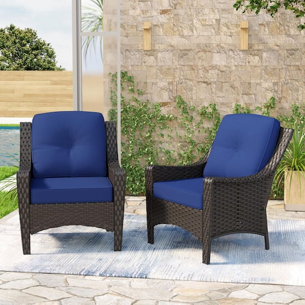 LATTOY 2-Seat Wicker Outdoor Patio Lounge Chair with Blue Cushions