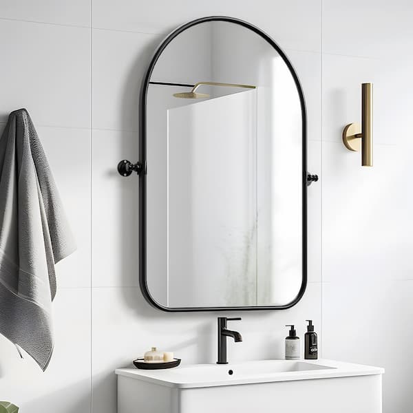 NEUTYPE 23 in. W x 32 in. H Arched Black Framed Wall Mirror Round Corner Bathroom Vanity Mirror