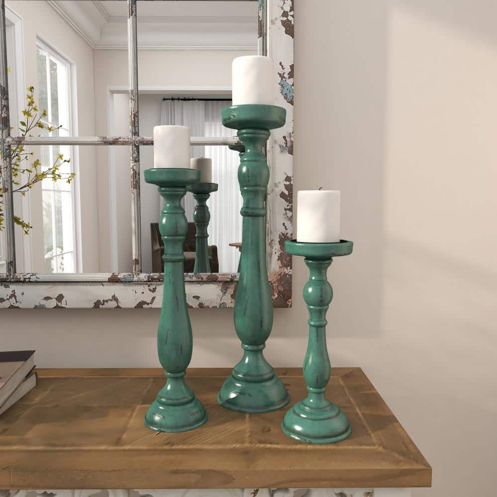 Teal Wood Fluted Pillar Candle Holders Set of 3