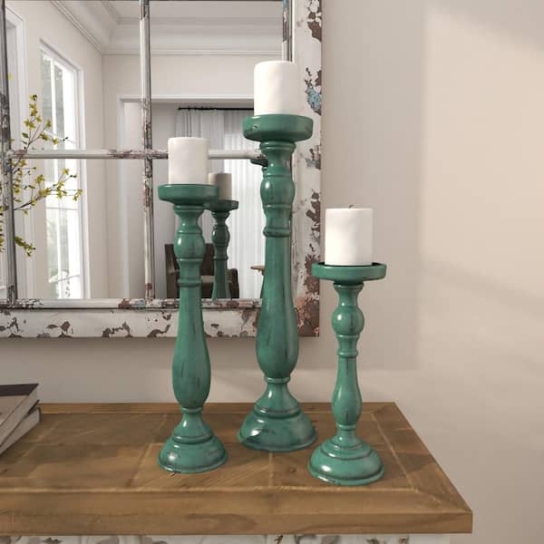 Litton Lane Blue Wood Candle Holder (Set of 3)