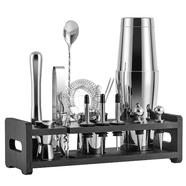 18 oz. and 28 oz. Silver 24-Piece Stainless Steel Cocktail Shaker Set with Stand, Velvet Carry Bag and Recipes Cards