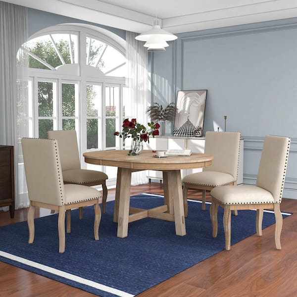 Harper & Bright Designs Farmhouse 5-Piece Naturel Wood Wash Extendable ...