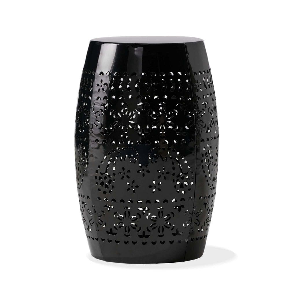 Black Metal Outdoor Side Table Barrel Shape Accent Table with No