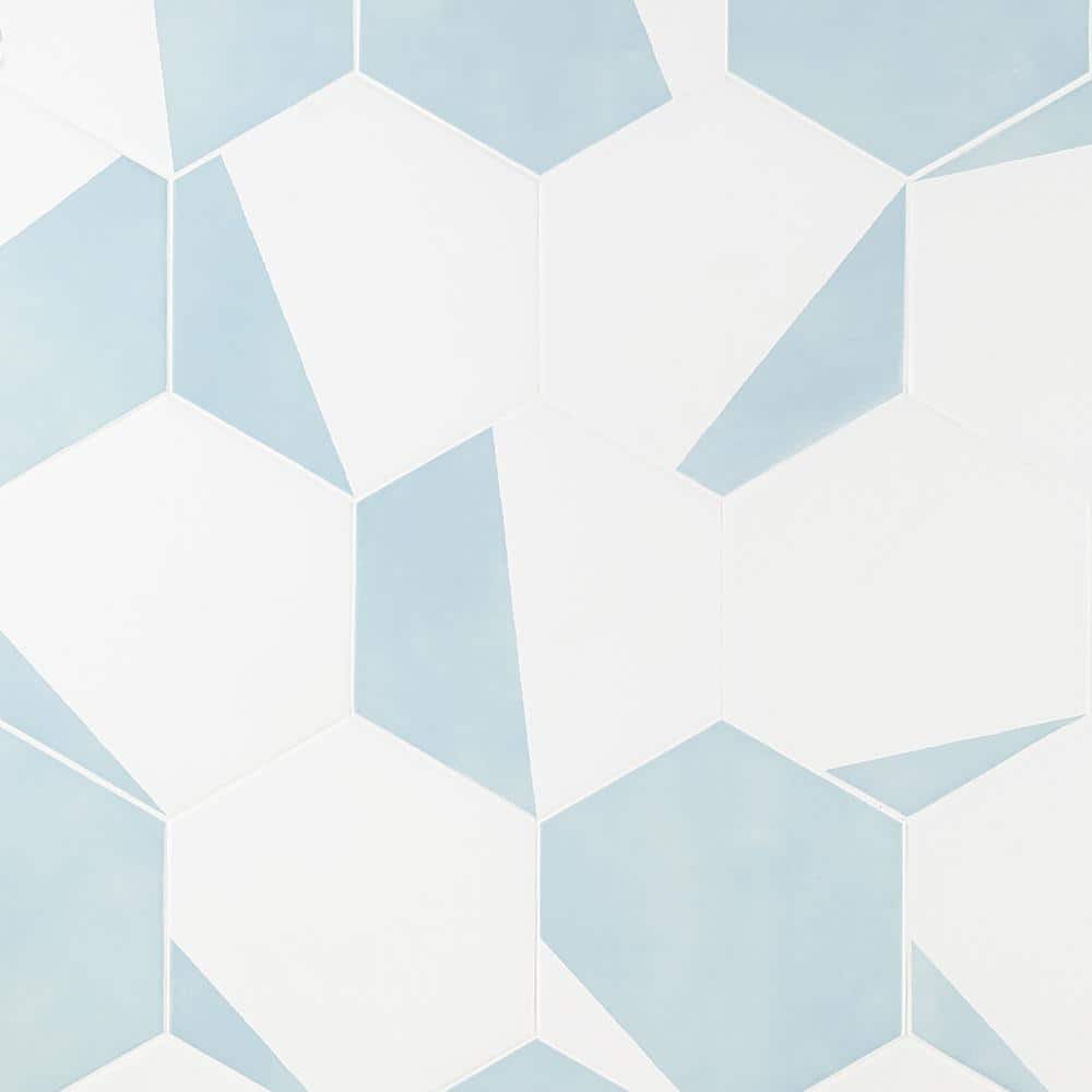 GeoHex Turquoise and White 8" Matte Porcelain Hexagon Tile