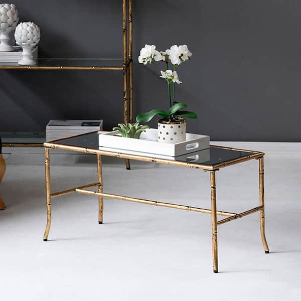 A & B Home 36 in. Antique Gold Rectangle Glass Console Table