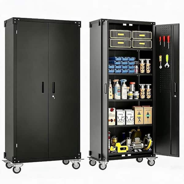 72" Rolling Tool Storage Cabinet, Steel Garage Cabinet with Lockable, Pegboard Hang Panel