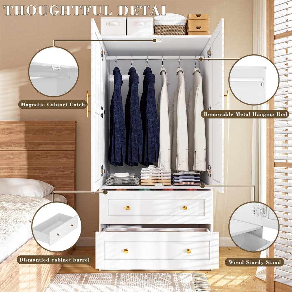 White Shaker Style Two-Door Armoire with Gold Handles