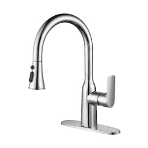Single Handle Pull Down Sprayer Kitchen Faucet with Deck Plate Double Spout Stainless Steel in Polished Chrome