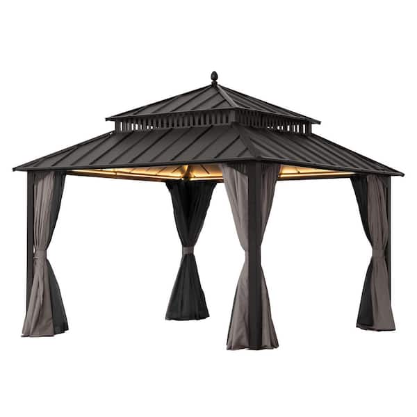 Kingston Brown 12 ft. x 12 ft. Aluminum Hardtop Gazebo with Steel Roof, Curtains and Netting, Extra-Tall, Wide Vent Top