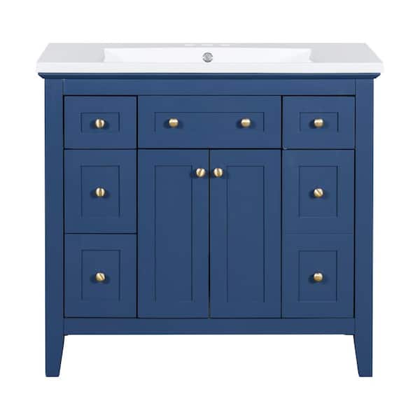 36 in. W x 18 in. D x 34 in. H Freestanding Bath Vanity in Blue with White Cultured Marble Top