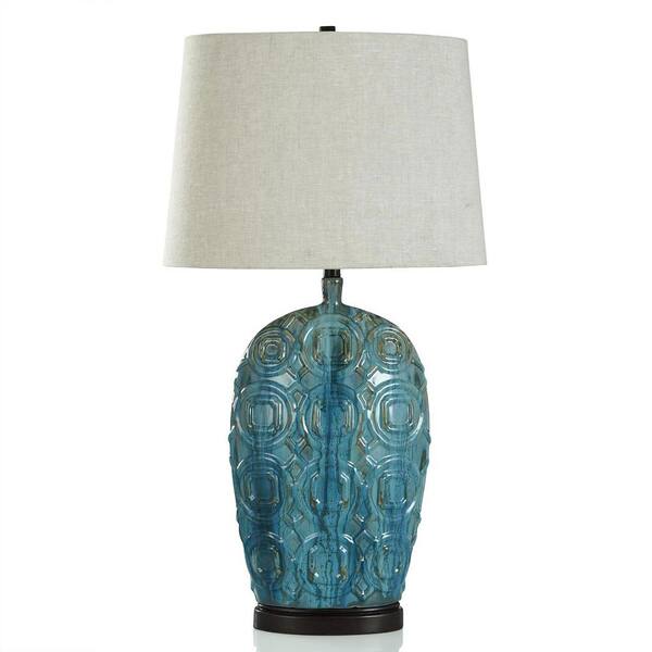 StyleCraft 36.75 in. Glazed Green and Blue, Brown Painted Table Lamp with Cream Linen Shade