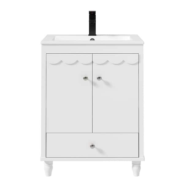 eclife 24 in. W x 18.3 in. D x 34 in. H Freestanding 1-Sink Bath Vanity in White with White Ceramic Top and Drain Faucet Set