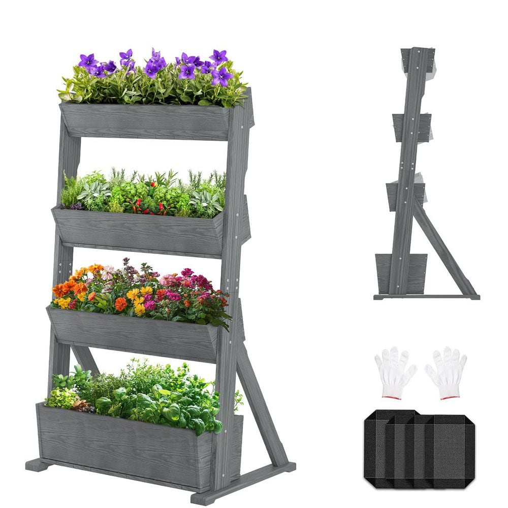 4-Tier Raised Garden Bed Vertical Freestanding Wood Plant Stand Wooden Flower Rack with Ladder and Shelf Gray price history on PriceWatchPro