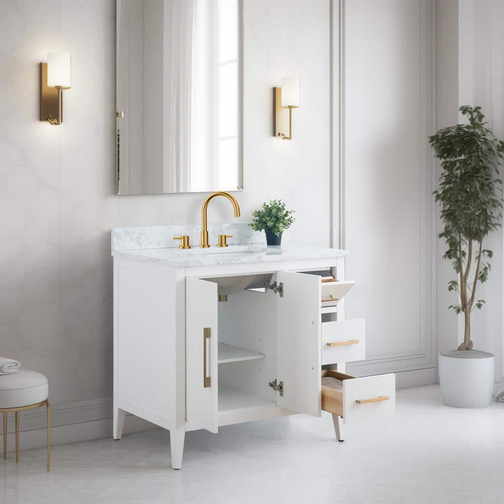 White and Gold 36" Single Bathroom Vanity with Ceramic Sink