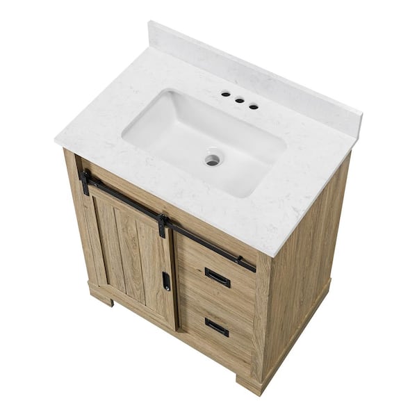 Brindley 30 in W x 20 in D x 35 in H Single Sink Freestanding Vanity in Dark Walnut w/ Veined White Engineered Stone Top
