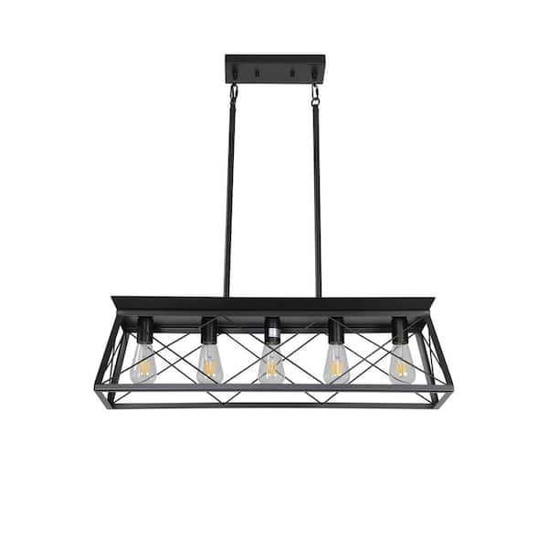 MANCO NEPTUEN LLC 5-Light Black Rectangular Rustic Style Chandeliers for Dining Room, Kitchen and Living Room