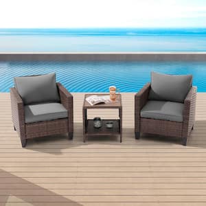 3-Piece Brown Wicker Patio Outdoor Single Sofa Set Set with Side Table Gray Cushion