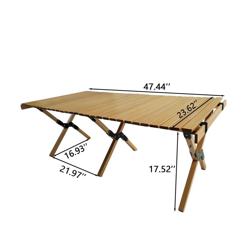 Natural Brown Beech Wood Foldable Roll-Up Outdoor Dining Table