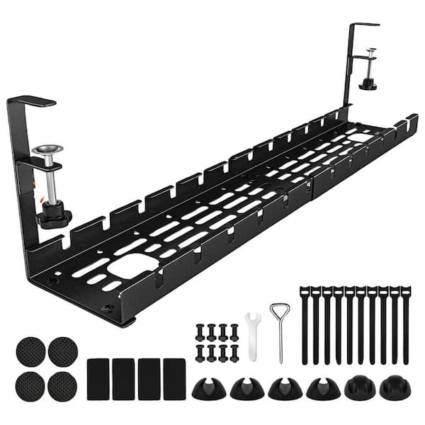 Retractable Cable Management Tray 15.7-31 Under Desk Cord Organizer No Drilling with Clamp for Home Office Black