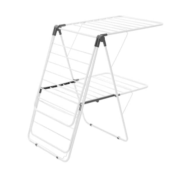 Clothes Drying Rack, 2-Tier Foldable Laundry Dryer Rack with Sock Clips and 31 Dry Rods, Metal Height Adjustable, White