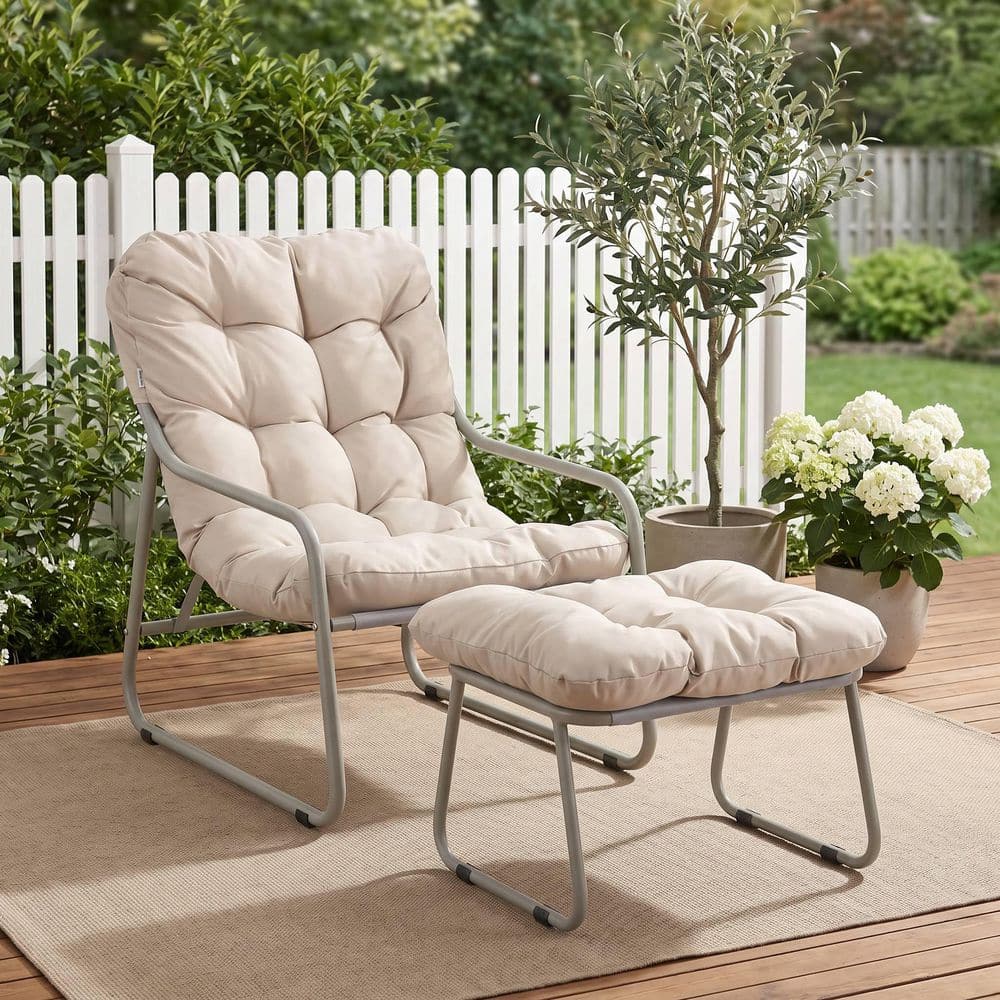 Metal Outdoor Indoor Lounge Egg Chair with Ottoman and Cushion Patio Armchair for Porch Balcony