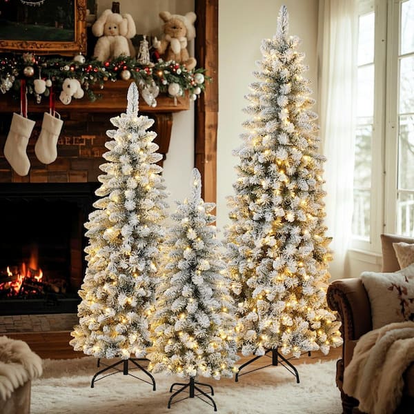 3-Pieces Pre-Lit Artificial Christmas Tree Set w/ Warm LED Lights, 4 ft. 5 ft. 6 ft. Snow Trees for Indoor Holiday Décor