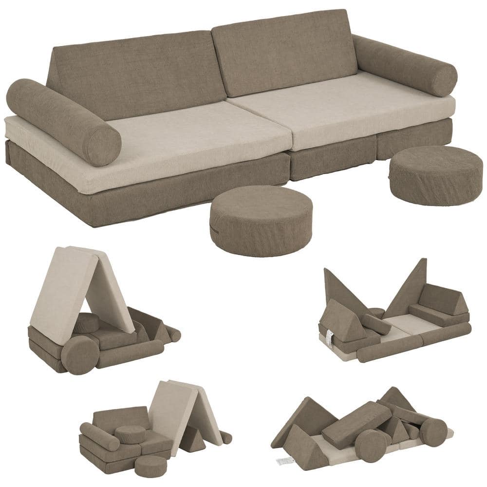 Brown 12-Piece Kids Couch for Playroom Bedroom, Convertible Sofa Lounger fo