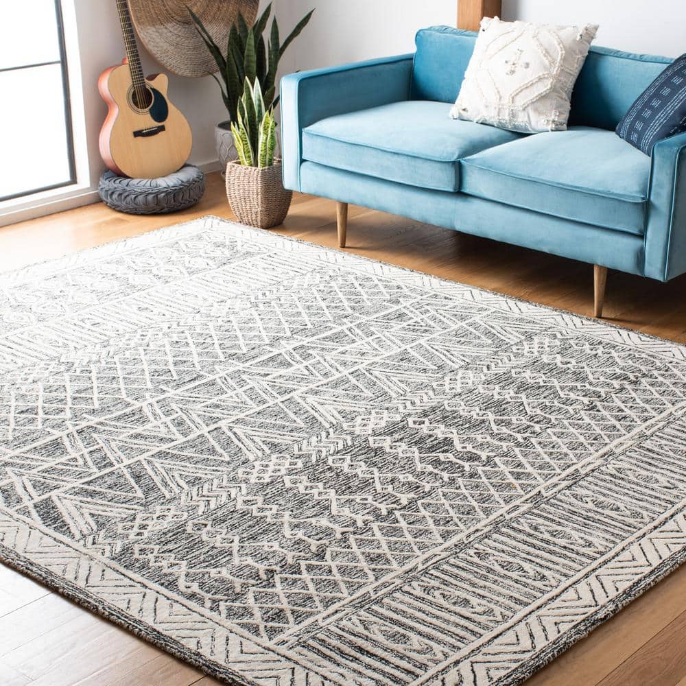 Handmade Black and Ivory Wool Abstract 9' x 12' Area Rug