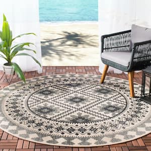 Veranda Ivory/Slate Doormat 3 ft. x 3 ft. Aztec Geometric Indoor/Outdoor Patio Round Area Rug