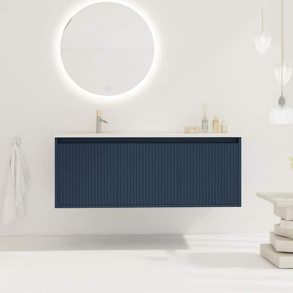 Unbranded 48 in. W x 18 in. D x 18 in. H Wall Mounted Bath Vanity in Navy Blue with White Cultured Marble Top