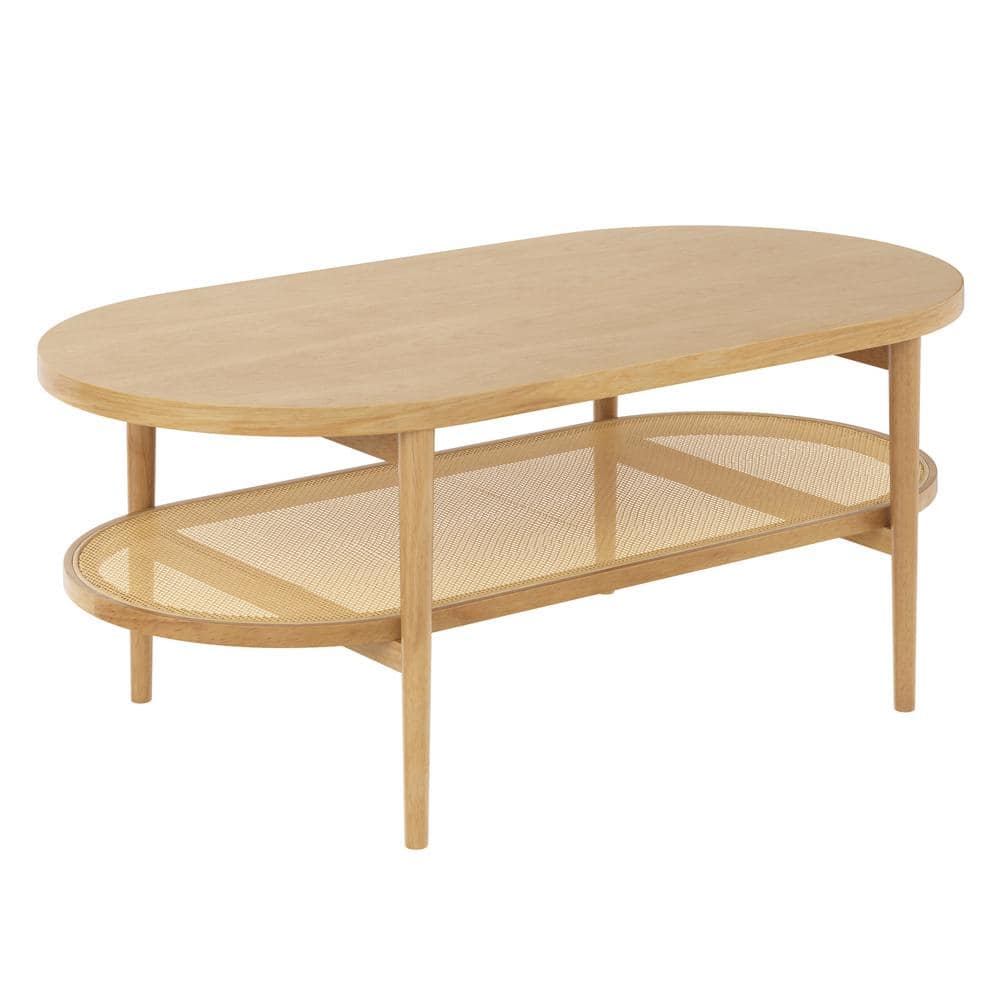 Sonia Bohemian Oval Light Wood Coffee Table with Rattan Storage