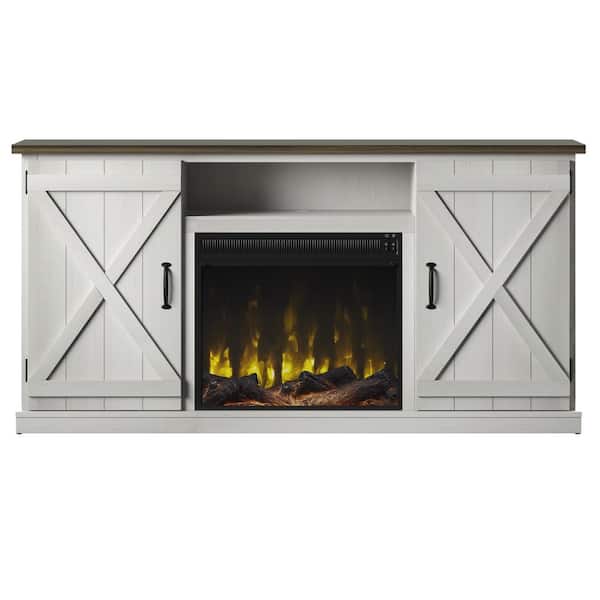 Twin Star Home 63.38 in. Freestanding Wooden Electric Fireplace TV Stand in Old Wood White