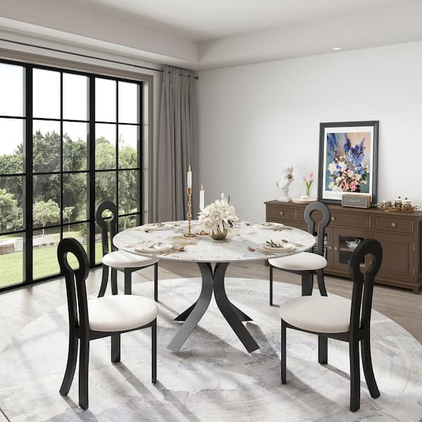 Magic Home 59.05 in. Pandora Sintered Stone Tabletop with Black Pedestal Base Dining Table (Seats 8)