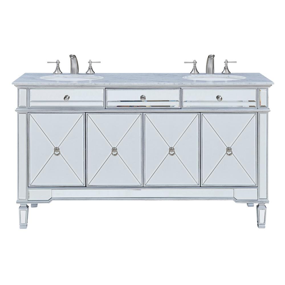 Timeless Home 60 in. W Double Bathroom Vanity in Clear Mirror with Vanity Top in White with White Basin