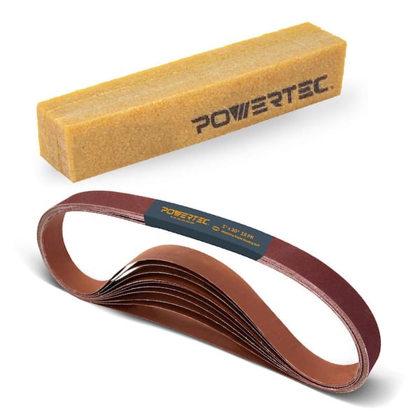 ‎POWERTEC 1 in. x 30 in. Aluminum Oxide Sanding Belts 40/80/120/240/400 Grit Assortment (15PK) with 1 Abrasive Cleaning Stick