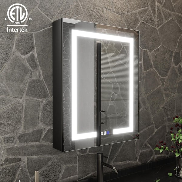 ExBrite ShineX 24 in. W x 30 in. H Rectangular Black Aluminum Recessed/Surface Mount Right Medicine Cabinet with Mirror LED