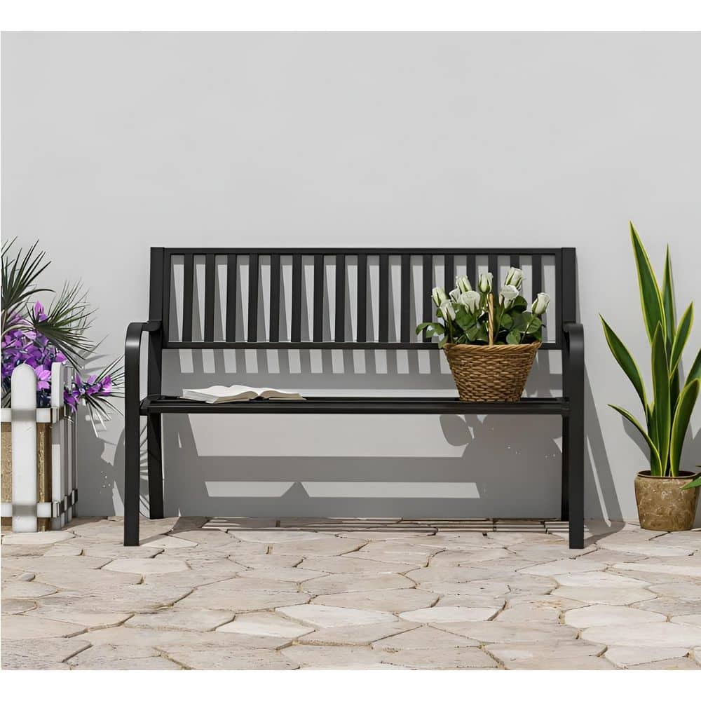 50 in. Black Metal Modern Well-Designed Outdoor Bench ZN-3476