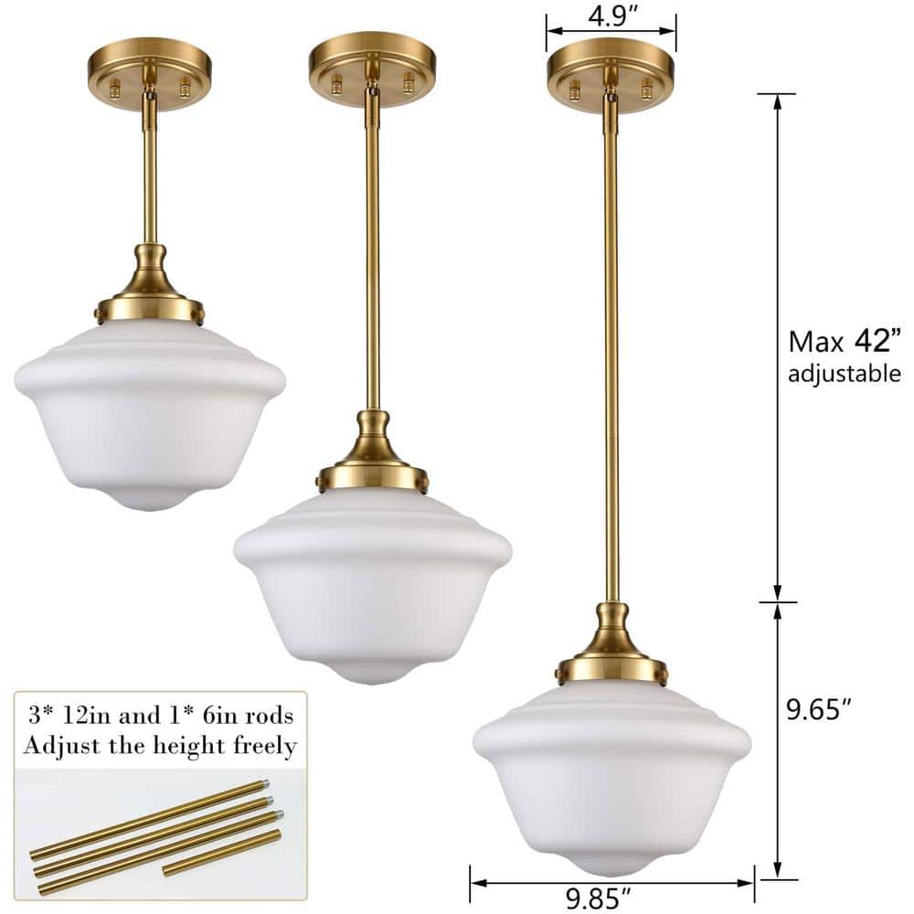 Gold Milk Glass Schoolhouse Pendant Light with Adjustable Rod