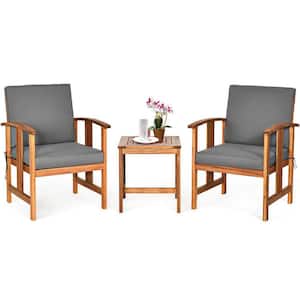 3-Pieces Solid Wood Outdoor Patio Conversation Set with Gray Cushions