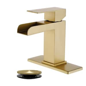 Single Handle Single Hole Bathroom Faucet with Pop-up Drain Set Stainless Steel Waterfall Sink Basin Tap in Brushed Gold