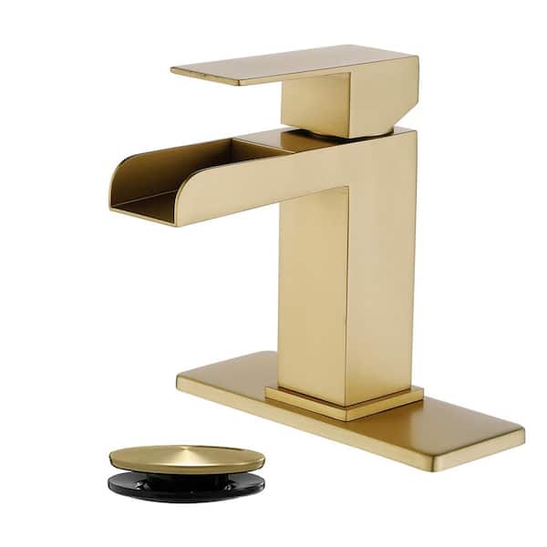 FLG Single Handle Single Hole Bathroom Faucet with Pop-up Drain Set Stainless Steel Waterfall Sink Basin Tap in Brushed Gold