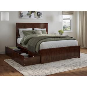 Nantucket Walnut Brown Solid Wood Frame Queen Platform Bed with Matching Footboard and Storage Drawers