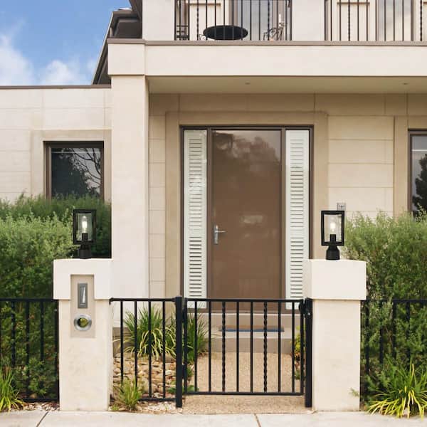 1-Light Black Metal Minimalist Outdoor Weather Resistant Pier Mount Light Post Lantern with LED Seeded Glass