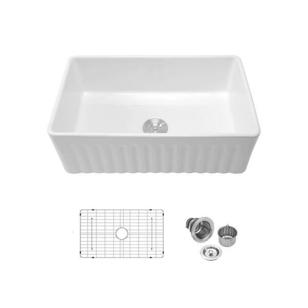 33 in. Drop-in Single Bowl 16 Gauge White Ceramic Kitchen Sink and Drain
