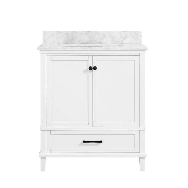 Merryfield 31 in. White Bath Vanity with Carrara Marble Top and 24 in. x 32 in. White Framed Mirror Combo