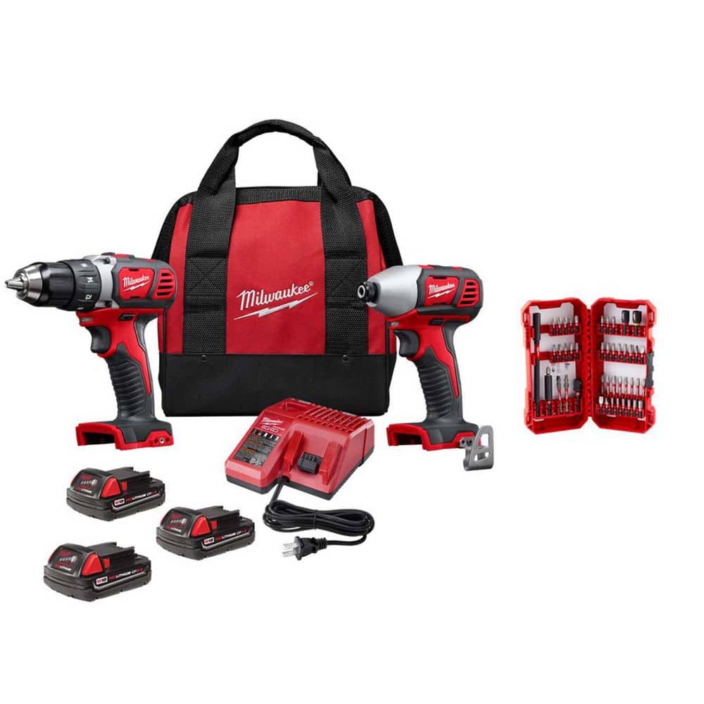Milwaukee M18 18V Lith-Ion Cordless Drill/Impact Driver Combo Kit 2-Tool W/ Two 1. 5Ah Battery, Charger, 2.0 Ah Battery, & Bit Set 2691-22-48-11-1820-48-32-4023