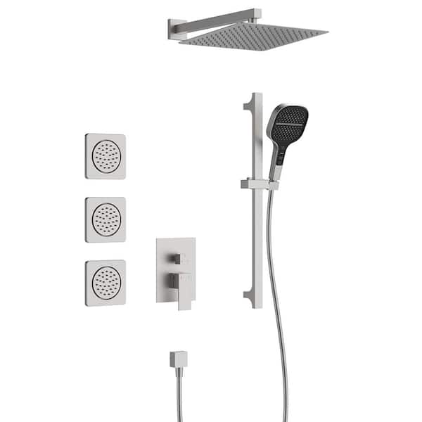 MYCASS Single Handle 3 -Spray Shower Faucet 2.0 GPM with High Pressure, Body Jets in Brushed Nickel (Valve Included)